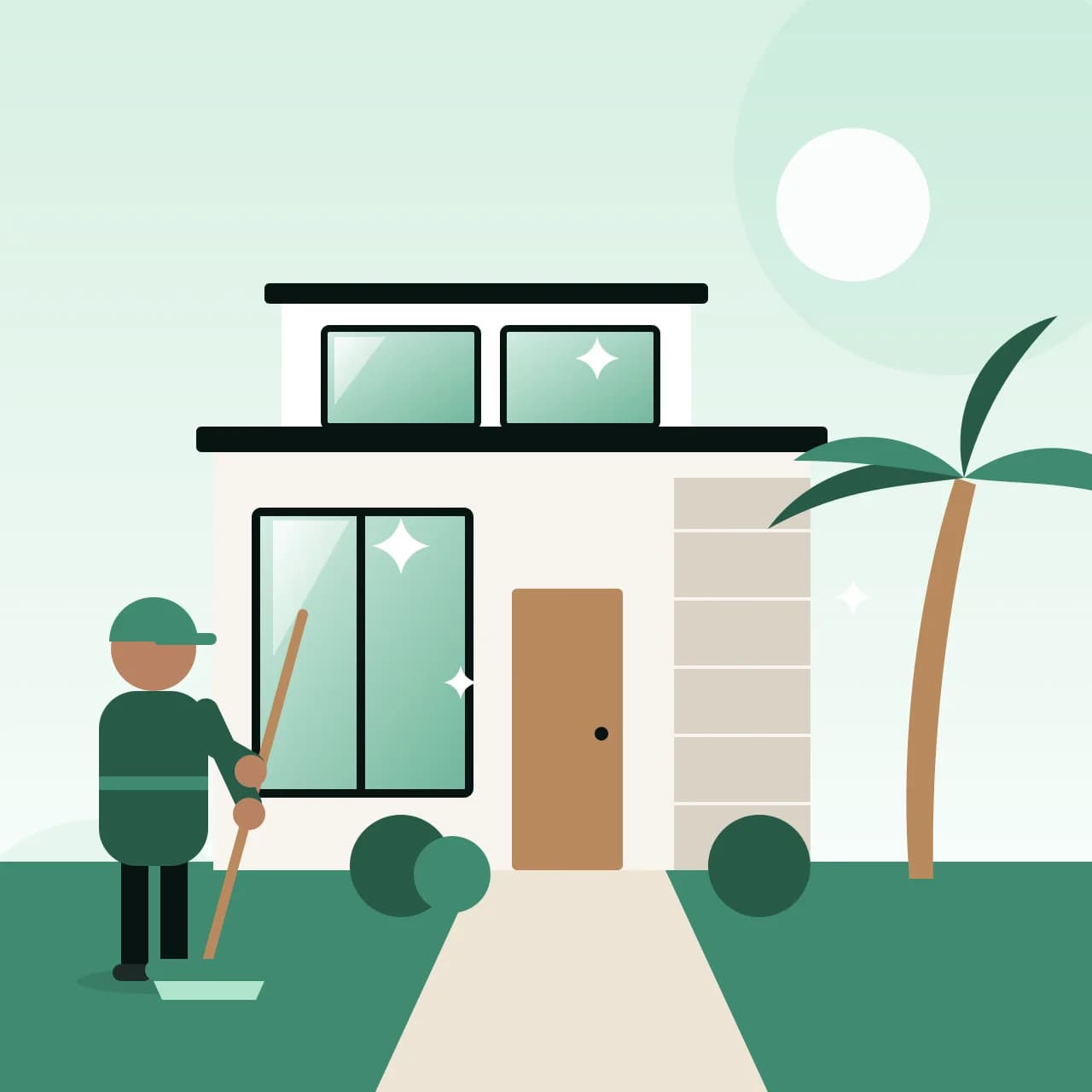 Cleaning professional outside a freshly cleaned Dubai villa